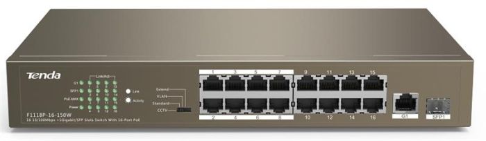 Коммутатор TENDA  16xFE PoE, 1xGE, 1xSFP Tenda TEF1118P-16-150W