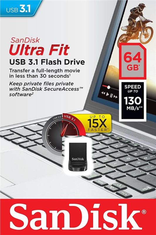 Накопитель SanDisk   64GB USB 3.1 Type-A Ultra Fit Чёрный