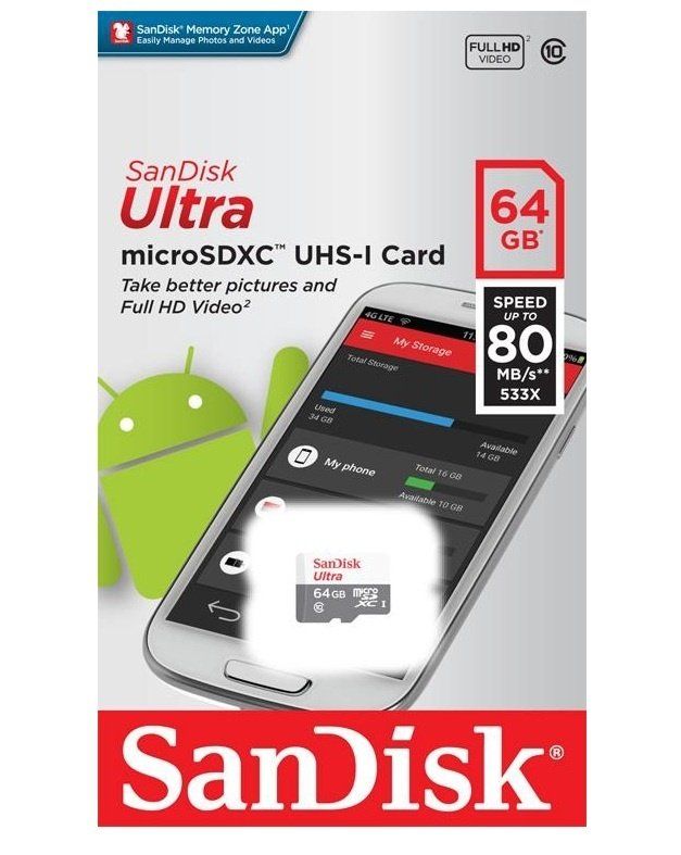 Карта памяти SanDisk microSD   64GB C10 UHS-I R100MB/s Ultra