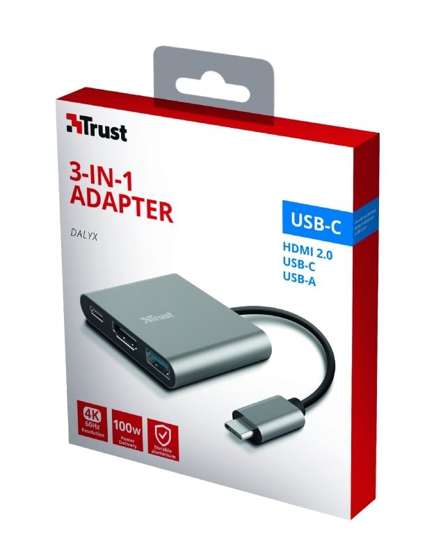 Хаб Trust Dalyx 3-in-1 USB-С > USB-А 3.2/USB-С/HDMI, Алюміній, 0.1м, чорний