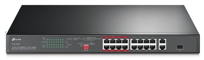 Коммутатор TP-LINK  16xFE (16xPoE), 2xSFP, 150Вт, Неуправляемый TP-Link TL-SL1218P
