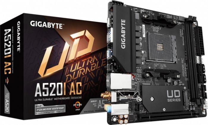 Материнская плата GIGABYTE A520I AC sAM4 A520 2xDDR4 M.2 HDMI DP Wi-Fi BT mITX