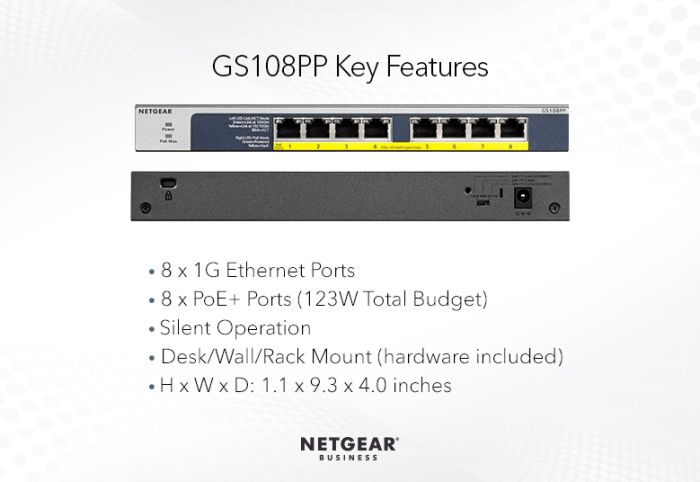 Комутатор NETGEAR GS108PP 8xGE PoE, 123Вт, Некерований