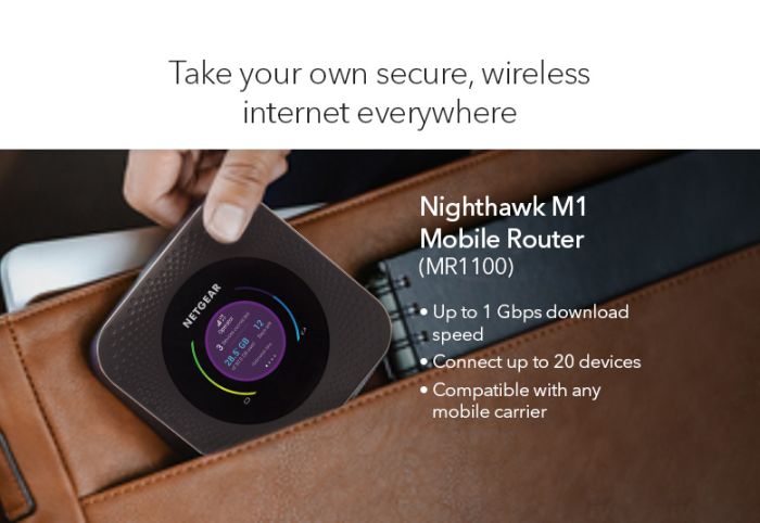 Мобильный маршрутизатор NETGEAR MR1100 Nighthawk M1 4G/LTE, 1xGE LAN/WAN, 1xUSB, 1xUSB TypeC, 1Гбит/с, 2xTS-9