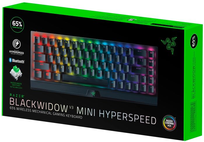 Razer Keyboard mechanical BlackWidow V3 Mini HyperSpeed 68key, Green Switch, USB-A/WL/BT, EN/RU, RGB, black