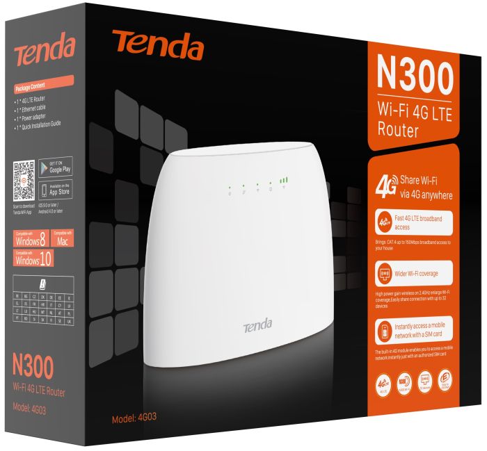 TENDA WiFi Router  N300, 4G/LTE, 1xFE LAN, 1xFE LAN/WAN, 1x2FF SIM Card Tenda 4G03