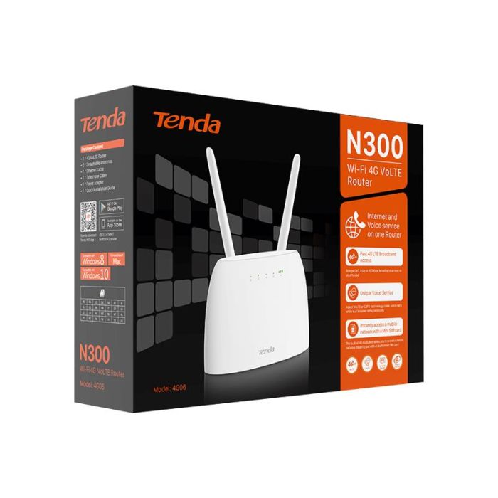 Маршрутизатор TENDA  N300, 4G/LTE, 1xFE LAN, 1xFE LAN/WAN, 1xRJ11, Cлот для SIM-карти Tenda 4G06