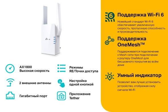 TP-LINK WiFi Range Extender  AX1800, 1хGE, MESH TP-Link RE605X