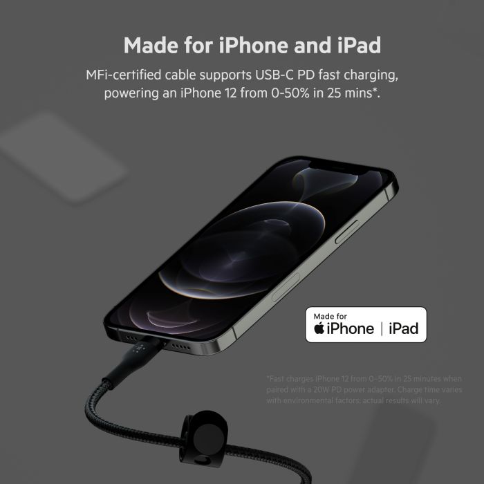 Belkin сable USB-С > Lightning charge/data, 1m, Type-C, BRAIDED SILICONE, strap with magnet, black