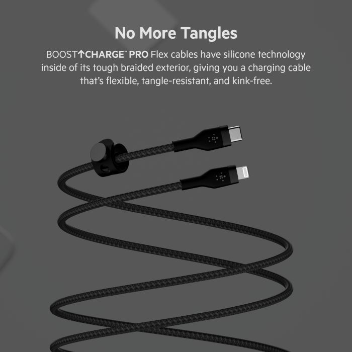 Belkin сable USB-С > Lightning charge/data, 1m, Type-C, BRAIDED SILICONE, strap with magnet, black