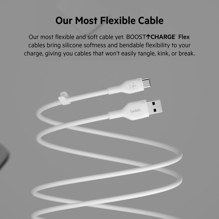 Belkin сable USB-A > USB-C charge/data, 2m, Type-C, SILICONE, with clip, white