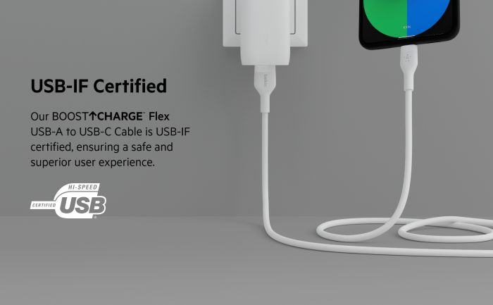 Belkin сable USB-A > USB-C charge/data, 2m, Type-C, SILICONE, with clip, white