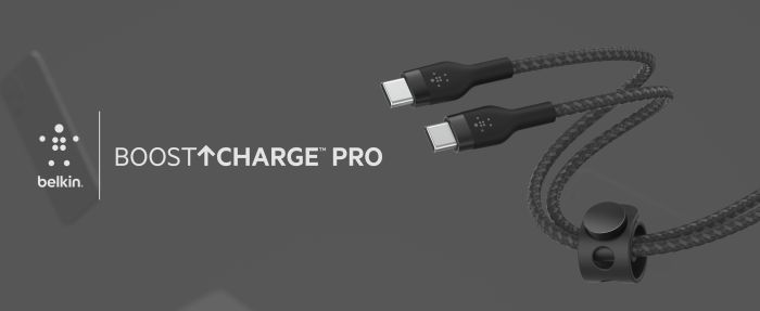 Кабель USB-C > USB-C зарядки/синхронизации Belkin 1м, 60Вт, Type-C, витой, силиконовый, с ремешком на магните, черный