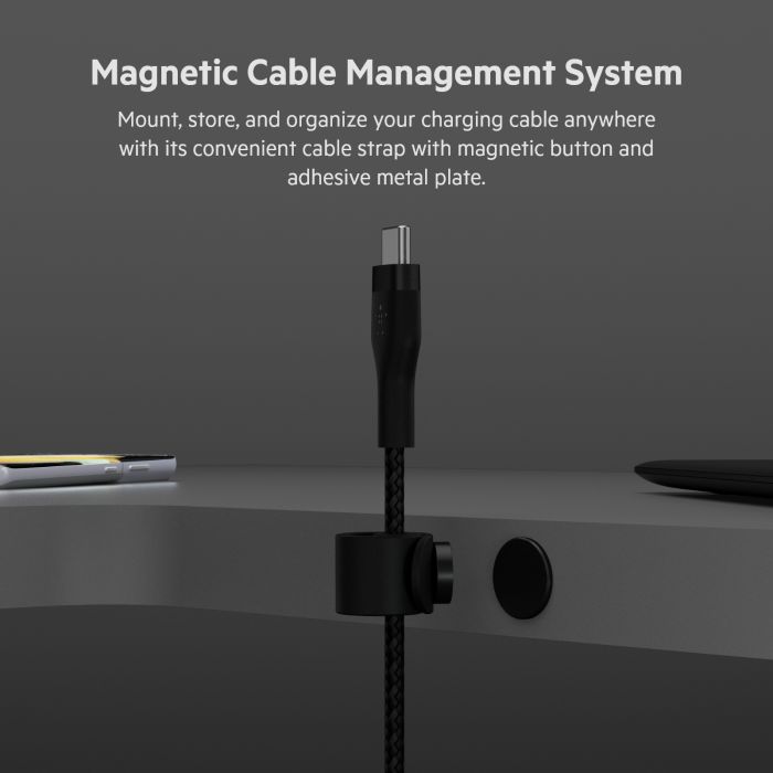 Кабель USB-C > USB-C зарядки/синхронизации Belkin 1м, 60Вт, Type-C, витой, силиконовый, с ремешком на магните, черный