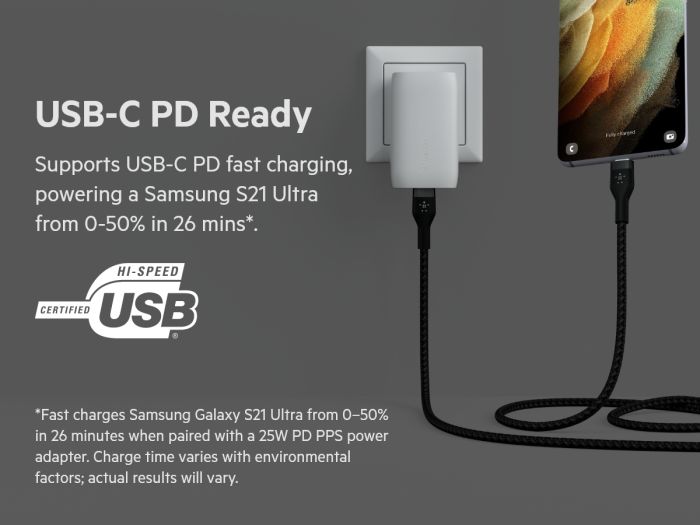 Кабель USB-C > USB-C зарядки/синхронизации Belkin 1м, 60Вт, Type-C, витой, силиконовый, с ремешком на магните, черный