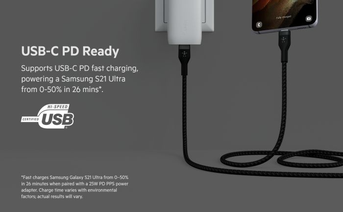 Кабель USB-C > USB-C зарядки/синхронизации Belkin 1м, 60Вт, Type-C, витой, силиконовый, с ремешком на магните, черный