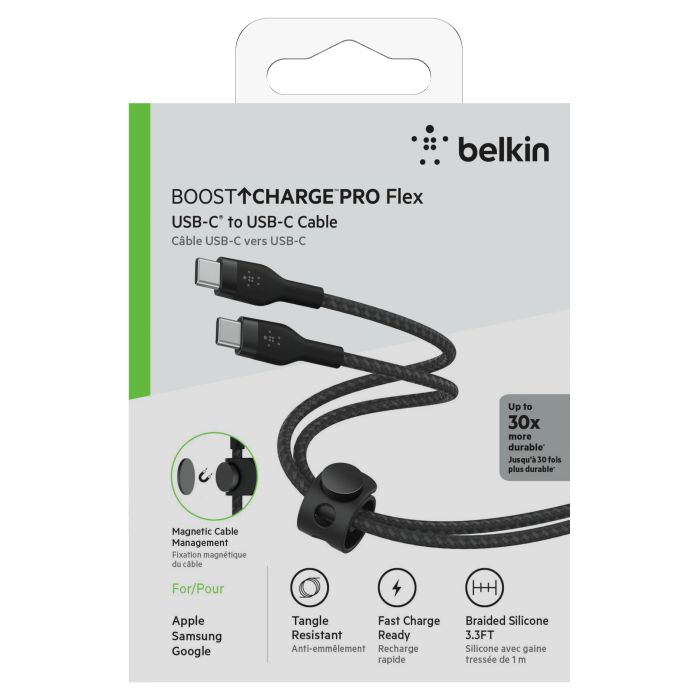 Кабель USB-C > USB-C зарядки/синхронизации Belkin 1м, 60Вт, Type-C, витой, силиконовый, с ремешком на магните, черный