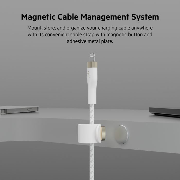 Кабель USB-C > Lightning заряджання/синхронізації Belkin 1м, Type-C, плетений, силіконовий, з ремінцем на магніті, білий