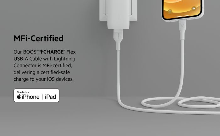 Belkin сable USB-A > Lightning charge/data, 1m, SILICONE, with clip, white