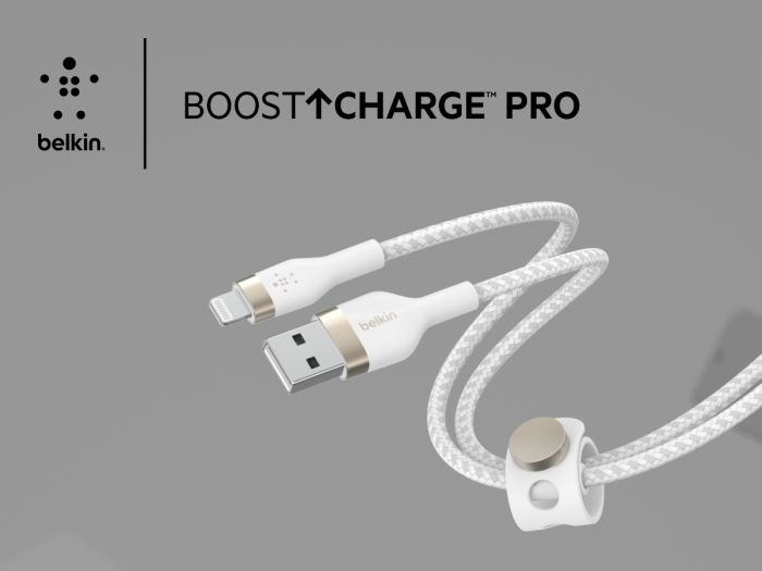 Кабель USB-A > Lightning заряджання/синхронізації Belkin 1м, плетений, силіконовий, з ремінцем на магніті, білий