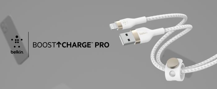 Кабель USB-A > Lightning заряджання/синхронізації Belkin 1м, плетений, силіконовий, з ремінцем на магніті, білий