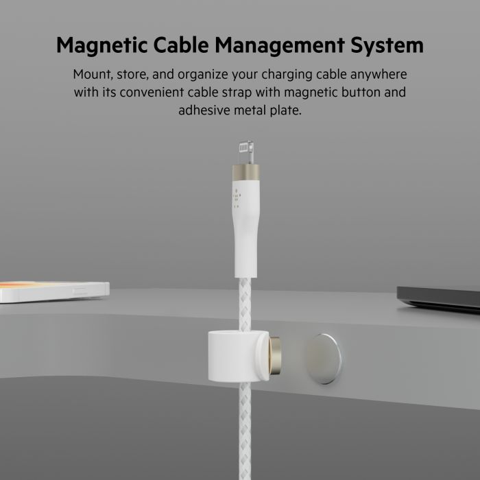 Кабель USB-A > Lightning заряджання/синхронізації Belkin 1м, плетений, силіконовий, з ремінцем на магніті, білий