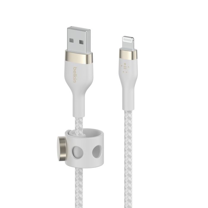 Кабель USB-A > Lightning заряджання/синхронізації Belkin 1м, плетений, силіконовий, з ремінцем на магніті, білий