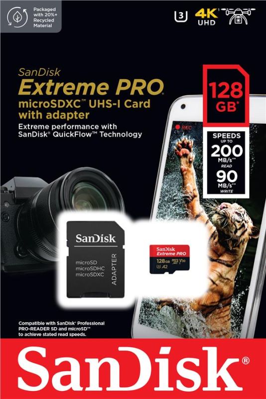 Карта памяти SanDisk microSD  128GB C10 UHS-I U3 R200/W90MB/s Extreme Pro V30 + SD