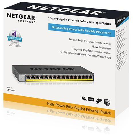 Комутатор NETGEAR GS116PP 16xGE PoE, 183Вт, Некерований