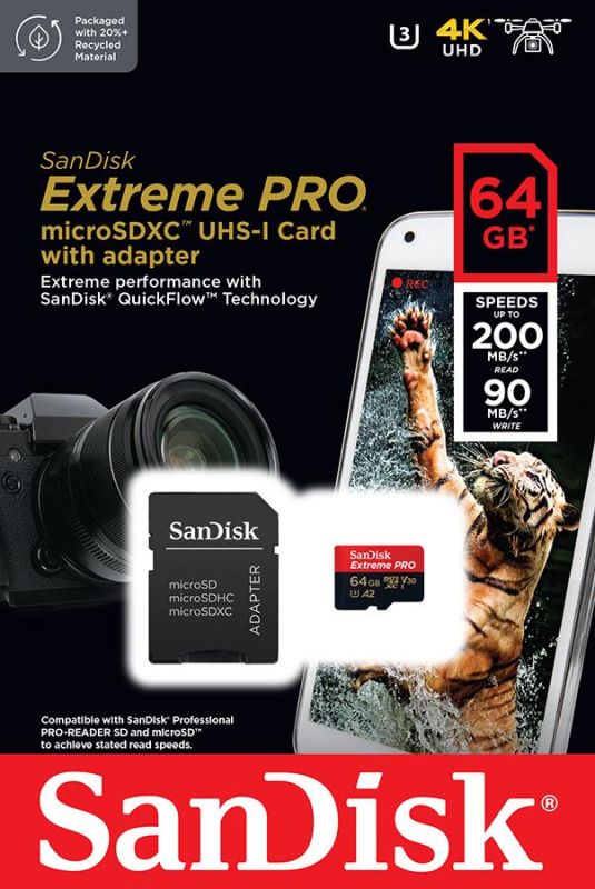 Карта памяти SanDisk microSD   64GB C10 UHS-I U3 R200/W90MB/s Extreme Pro V30 + SD