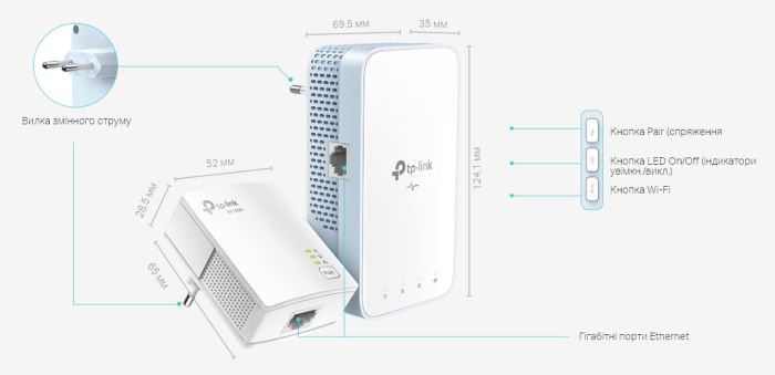 Комплект Адаптерoв Powerline TP-LINK  (TL-WPA7517 +  TL-PA7017) AC1200, AV1000, 1xGE MESH TP-Link TL-WPA7517KIT