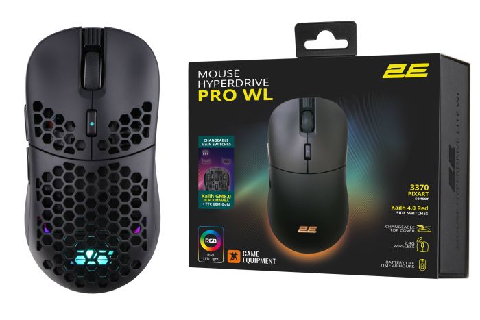 Мышь 2E GAMING HyperDrive Pro WL, RGB, USB-A/WL, чёрный