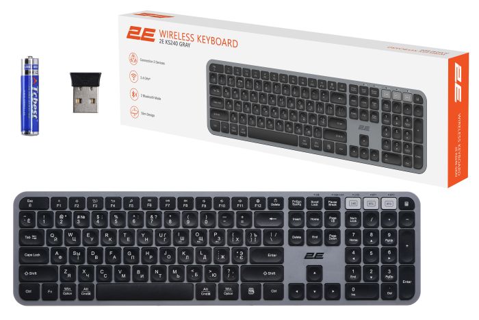 2E Keyboard membrane KS240 110key, WL/BT, EN/UK/RU, grey-black