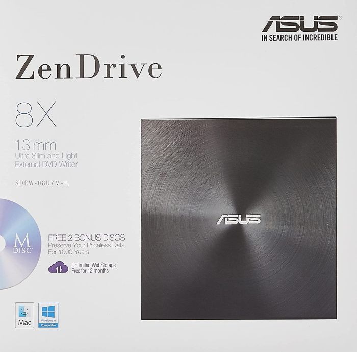 ASUS ODD portable ZenDrive SDRW-08U7M-U DVD+-R/RW burner M-DISC USB2.0 black Retail Box Slim