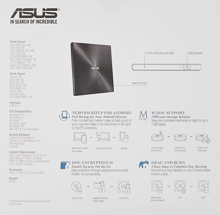 ASUS ODD portable ZenDrive SDRW-08U7M-U DVD+-R/RW burner M-DISC USB2.0 black Retail Box Slim
