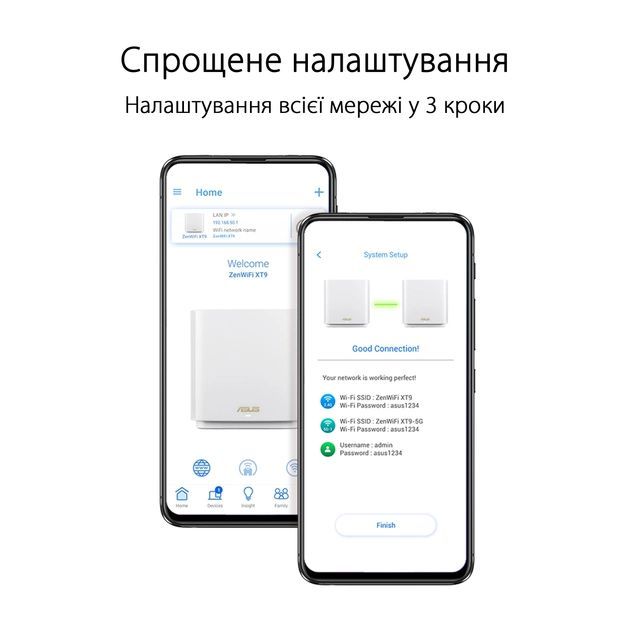 Система WiFi-Mesh ASUS ZenWiFi XT9 AX7800, 3xGE LAN, 1x2.5GE WAN, 1xUSB 3.2, 1 мод, білий