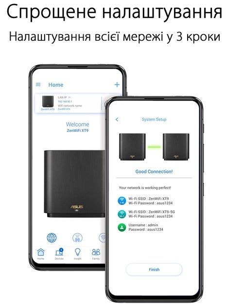 Система WiFi-Mesh ASUS ZenWiFi XT9 AX7800, 3xGE LAN, 1x2.5GE WAN, 1xUSB 3.2, 2 мод, білий