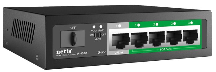 Комутатор   6xGE (4xPoE, 1xUplink, 1xSFP), 60Вт, Некерований Netis P106GC
