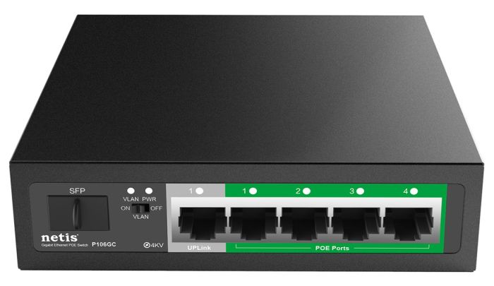 Комутатор   6xGE (4xPoE, 1xUplink, 1xSFP), 60Вт, Некерований Netis P106GC