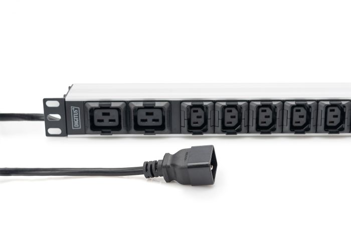 DIGITUS 1U Aluminum PDU, rackmountable, 8 x C13, 2 x C19 16A, 230VAC, 50/60Hz, IEC C20 plug
