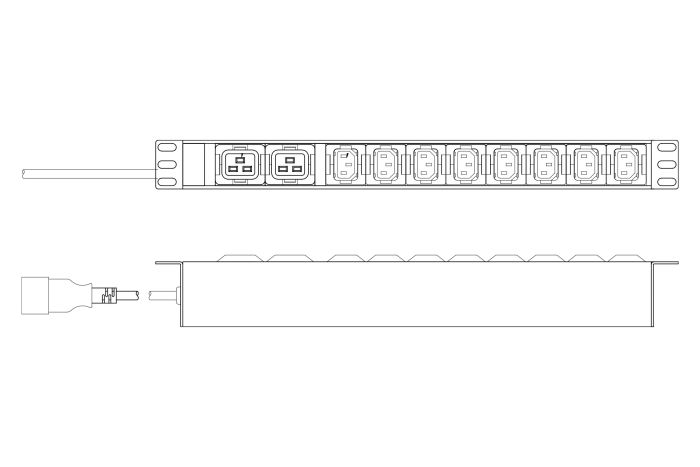 DIGITUS 1U Aluminum PDU, rackmountable, 8 x C13, 2 x C19 16A, 230VAC, 50/60Hz, IEC C20 plug