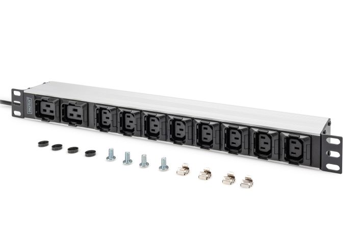 DIGITUS 1U Aluminum PDU, rackmountable, 8 x C13, 2 x C19 16A, 230VAC, 50/60Hz, IEC C20 plug