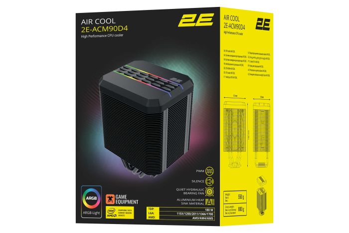 Процесорний кулер 2E GAMING Air Cool ACM90D4 ARGB, LGA1700, 2011, 1366, 1200, 115x, AM5, AM4, AM3, 4pin PWM, TDP 180W