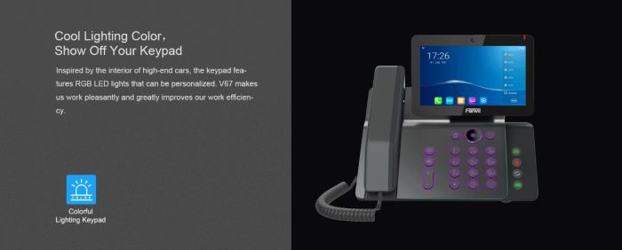 IP-Phone  2xGE LAN, 1xUSB-A, BT 4.2, Wi-Fi, 20 SIP line, SW Linux, PoE, 7" color screen, 116 DSS key, camera 1080p30, Android 9.0 Fanvil V67