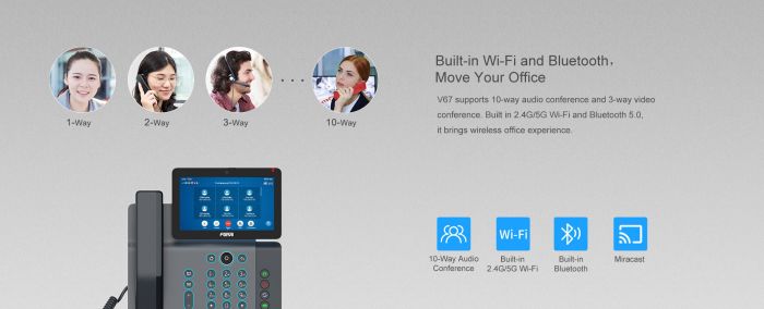 IP-Phone  2xGE LAN, 1xUSB-A, BT 4.2, Wi-Fi, 20 SIP line, SW Linux, PoE, 7" color screen, 116 DSS key, camera 1080p30, Android 9.0 Fanvil V67