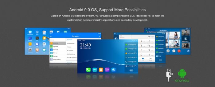 IP-Phone  2xGE LAN, 1xUSB-A, BT 4.2, Wi-Fi, 20 SIP line, SW Linux, PoE, 7" color screen, 116 DSS key, camera 1080p30, Android 9.0 Fanvil V67