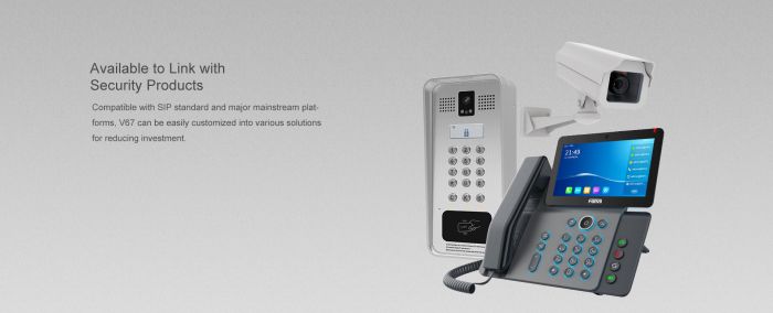 IP-Phone  2xGE LAN, 1xUSB-A, BT 4.2, Wi-Fi, 20 SIP line, SW Linux, PoE, 7" color screen, 116 DSS key, camera 1080p30, Android 9.0 Fanvil V67
