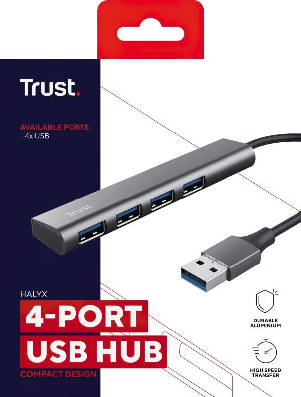 Хаб Trust Halyx USB-A > 4xUSB-А 3.2, Алюміній, 0.1м, Сірий