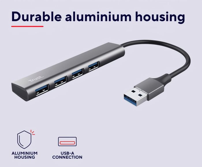 Хаб Trust Halyx USB-A > 4xUSB-А 3.2, Алюміній, 0.1м, Сірий