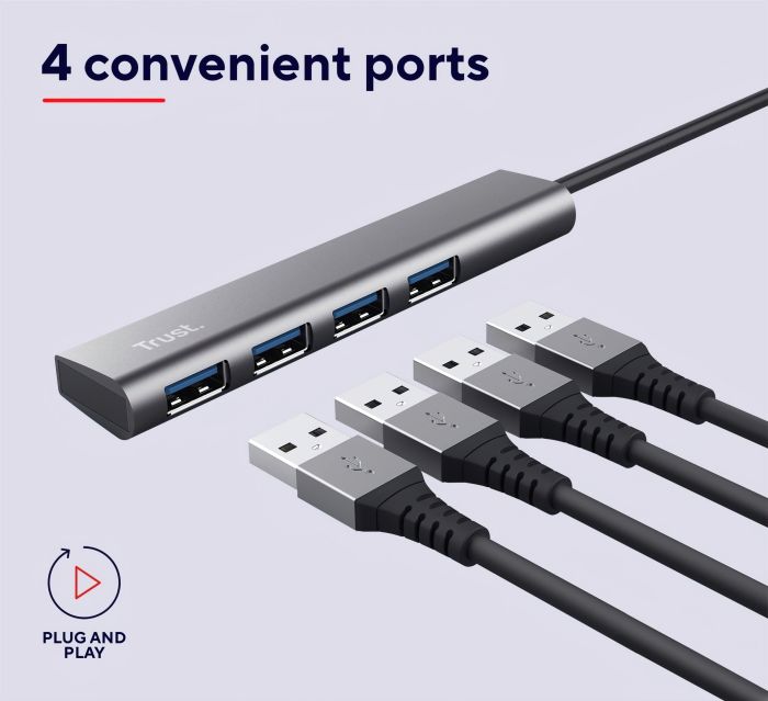 Хаб Trust Halyx USB-A > 4xUSB-А 3.2, Алюміній, 0.1м, Сірий